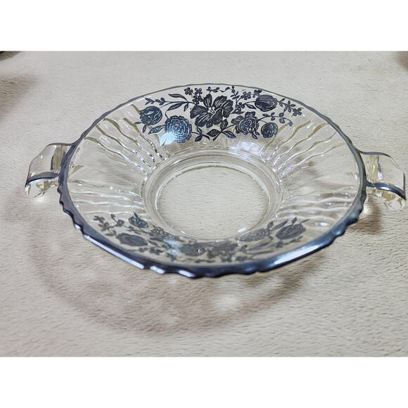 Candy Dish Clear Glass w/ handles 7 3/4" Black Floral Design Black Trim 60s Vtg - Picture 3 of 11